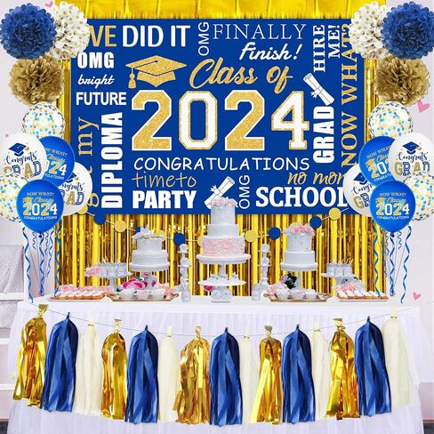 Blue and Gold Graduation Decorations 2024, Blue Class of 2024 Backdrop Paper Pompoms, Foil Fringe Curtain and Congrats Grad Balloons for Graduation Party Supplies (Blue Gold) in Saudi Arabia
