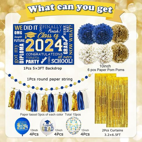 Blue and Gold Graduation Decorations 2024, Blue Class of 2024 Backdrop Paper Pompoms, Foil Fringe Curtain and Congrats Grad Balloons for Graduation Party Supplies (Blue Gold) in Saudi Arabia
