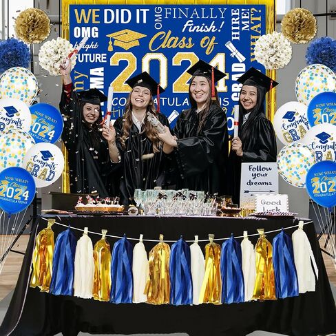 Blue and Gold Graduation Decorations 2024, Blue Class of 2024 Backdrop Paper Pompoms, Foil Fringe Curtain and Congrats Grad Balloons for Graduation Party Supplies (Blue Gold) in Saudi Arabia