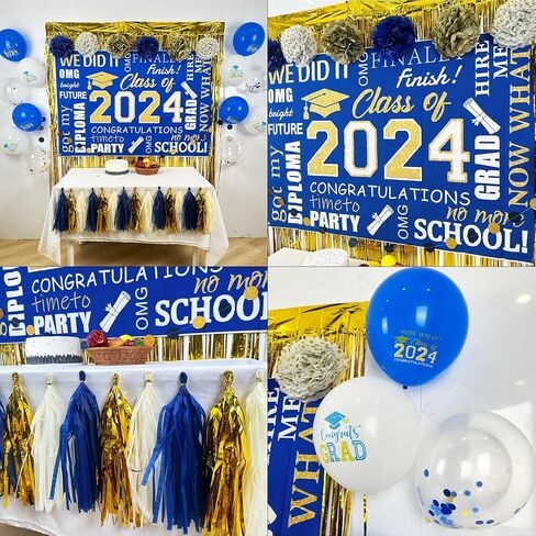 Blue and Gold Graduation Decorations 2024, Blue Class of 2024 Backdrop Paper Pompoms, Foil Fringe Curtain and Congrats Grad Balloons for Graduation Party Supplies (Blue Gold) in Saudi Arabia