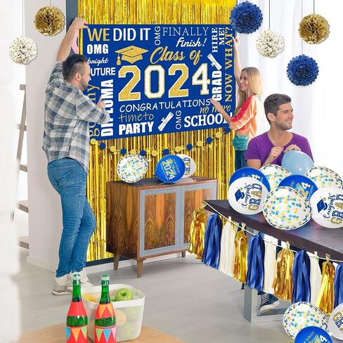 Blue and Gold Graduation Decorations 2024, Blue Class of 2024 Backdrop Paper Pompoms, Foil Fringe Curtain and Congrats Grad Balloons for Graduation Party Supplies (Blue Gold) in Saudi Arabia