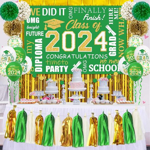 Blue and Gold Graduation Decorations 2024, Blue Class of 2024 Backdrop Paper Pompoms, Foil Fringe Curtain and Congrats Grad Balloons for Graduation Party Supplies (Blue Gold) in Saudi Arabia