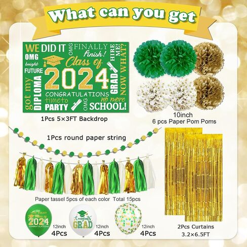 Blue and Gold Graduation Decorations 2024, Blue Class of 2024 Backdrop Paper Pompoms, Foil Fringe Curtain and Congrats Grad Balloons for Graduation Party Supplies (Blue Gold) in Saudi Arabia