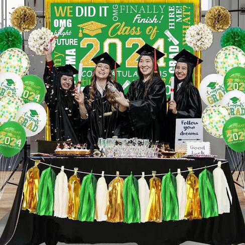 Blue and Gold Graduation Decorations 2024, Blue Class of 2024 Backdrop Paper Pompoms, Foil Fringe Curtain and Congrats Grad Balloons for Graduation Party Supplies (Blue Gold) in Saudi Arabia