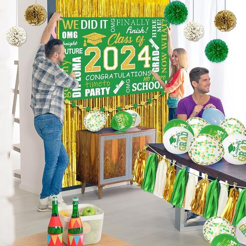 Blue and Gold Graduation Decorations 2024, Blue Class of 2024 Backdrop Paper Pompoms, Foil Fringe Curtain and Congrats Grad Balloons for Graduation Party Supplies (Blue Gold) in Saudi Arabia