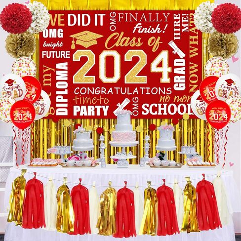 Blue and Gold Graduation Decorations 2024, Blue Class of 2024 Backdrop Paper Pompoms, Foil Fringe Curtain and Congrats Grad Balloons for Graduation Party Supplies (Blue Gold) in Saudi Arabia