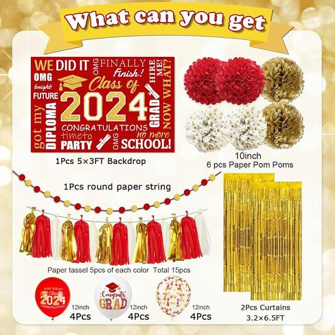 Blue and Gold Graduation Decorations 2024, Blue Class of 2024 Backdrop Paper Pompoms, Foil Fringe Curtain and Congrats Grad Balloons for Graduation Party Supplies (Blue Gold) in Saudi Arabia