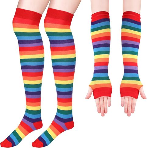 PAFUWEI Rainbow Socks and Long Fingerless Gloves Set,Striped Knee High Socks Rainbow Arm Warmers Women Cosplay Accessories in Saudi Arabia