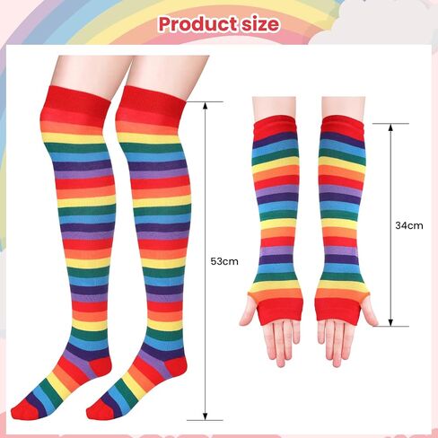 PAFUWEI Rainbow Socks and Long Fingerless Gloves Set,Striped Knee High Socks Rainbow Arm Warmers Women Cosplay Accessories in Saudi Arabia