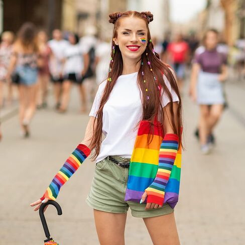 PAFUWEI Rainbow Socks and Long Fingerless Gloves Set,Striped Knee High Socks Rainbow Arm Warmers Women Cosplay Accessories in Saudi Arabia