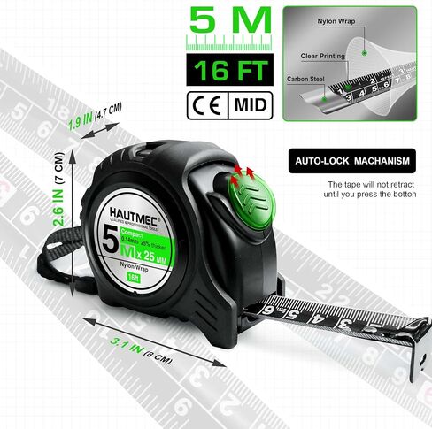 شريط قياس HAUTMEC 7.5 متر (25 قدم) - شريط أسود متري مزدوج الجانب وبوصة، شريط قياس قابل للسحب مع أزرار إيقاف مزدوجة، خطاف مغناطيسي للمحترفين وDIY HT0253 in Kuwait