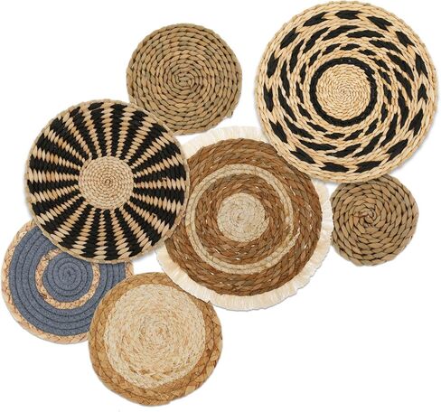 7 Pack Boho Wall Basket Decor Set, Hanging Woven Wall Basket Decor, Seagrass Rattan Wicker Boho Wall Decor, Round Farmhouse Wall Hanging Baskets Rustic Flat Wall Art for Living Room Bedroom Kitchen in Kuwait
