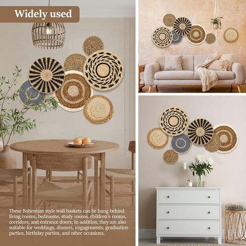 7 Pack Boho Wall Basket Decor Set, Hanging Woven Wall Basket Decor, Seagrass Rattan Wicker Boho Wall Decor, Round Farmhouse Wall Hanging Baskets Rustic Flat Wall Art for Living Room Bedroom Kitchen in Kuwait