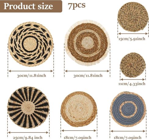 7 Pack Boho Wall Basket Decor Set, Hanging Woven Wall Basket Decor, Seagrass Rattan Wicker Boho Wall Decor, Round Farmhouse Wall Hanging Baskets Rustic Flat Wall Art for Living Room Bedroom Kitchen in Kuwait