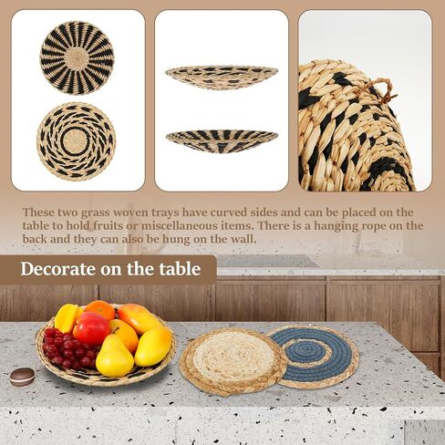 7 Pack Boho Wall Basket Decor Set, Hanging Woven Wall Basket Decor, Seagrass Rattan Wicker Boho Wall Decor, Round Farmhouse Wall Hanging Baskets Rustic Flat Wall Art for Living Room Bedroom Kitchen in Kuwait