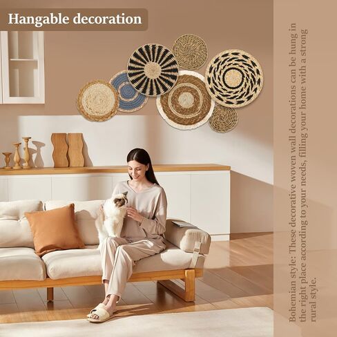 7 Pack Boho Wall Basket Decor Set, Hanging Woven Wall Basket Decor, Seagrass Rattan Wicker Boho Wall Decor, Round Farmhouse Wall Hanging Baskets Rustic Flat Wall Art for Living Room Bedroom Kitchen in Kuwait