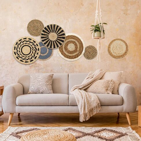 7 Pack Boho Wall Basket Decor Set, Hanging Woven Wall Basket Decor, Seagrass Rattan Wicker Boho Wall Decor, Round Farmhouse Wall Hanging Baskets Rustic Flat Wall Art for Living Room Bedroom Kitchen in Kuwait