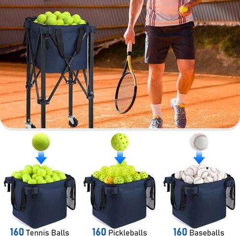 TOBWOLF Foldable Tennis Ball Hopper, Portable Pickleball & Tennis Ball Basket for 160 Balls with Silent Wheels, Upgraded Large Capacity Pickleball Ball Holder, Tennis Ball Cart for Practice & Training in Kuwait
