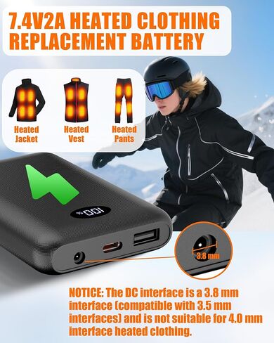 Battery Pack for Heated Vest Jacket Coat Pants and Heating Underwear, 5V2A Heated Clothing Replacement Battery Pack (Black, 5V2A USB Port 10000mAh) in Kuwait