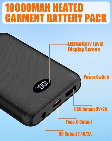 Battery Pack for Heated Vest Jacket Coat Pants and Heating Underwear, 5V2A Heated Clothing Replacement Battery Pack (Black, 5V2A USB Port 10000mAh) in Kuwait