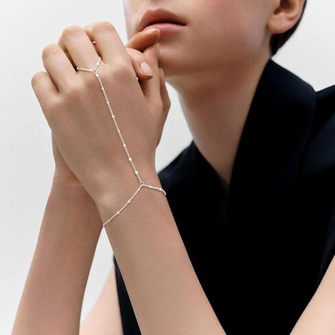 Tewiky Hand Chain Bracelet Ring, 14K Gold Plated/Silver Finger Ring Bracelet, Zircon Sequins Satellite Chain for Women, Trendy Non-Tarnish Jewelry in Kuwait