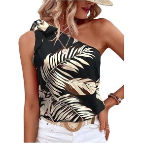 Milumia Women's Floral Bow Tie One Shoulder Tank Top Boho Summer Sleeveless Blouse Tops in Kuwait