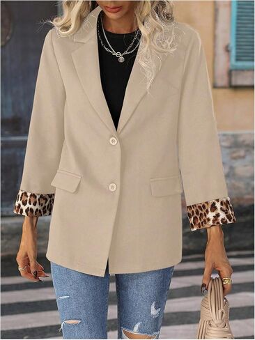 Floerns Women's Contrast Leopard Blazer Lapel Button Down Long Sleeve Office Blazer Jacket in Saudi Arabia