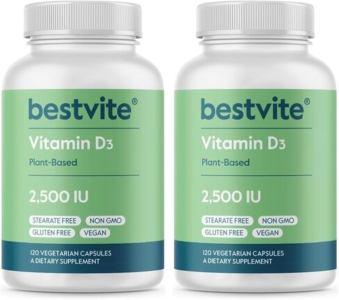 BESTVITE فيتامين D3 النباتي 2500 وحدة دولية (120 كبسولة نباتية) - بدون ستيرات - نباتي - غير معدّل وراثيًا - خالي من الغلوتين in Kuwait