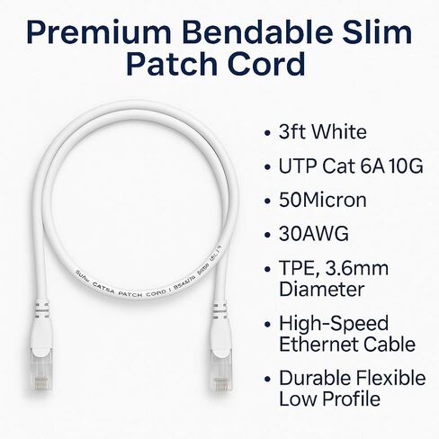 سلك التصحيح النحيف القابل للانحناء الممتاز ، أبيض 10 أقدام ، Cat 6A 10G ، 50Micron in Kuwait