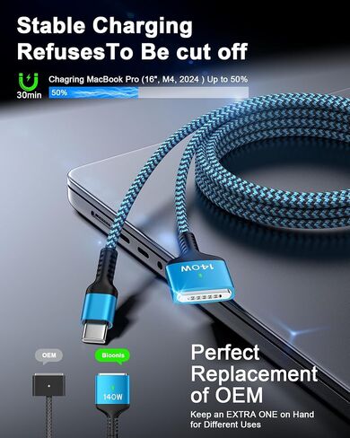 USB C to MagSafe 3 Cable, 140w USB-C to Mag Safe 3 Cable, 6ft (2m) Fast Charging Cord for MacBook Pro 16/14 Inch, MacBook Air 15/13 in, PD3.1 High Power Braided Cord Plug in Apple USBC Power Adapter in Saudi Arabia