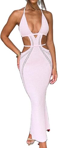 NUFIWI Women Backless Hollow Out Long Dress Sexy Knitted Maxi Dress Bodycon Spaghetti Strap Cocktail Party Midi Dress in Kuwait