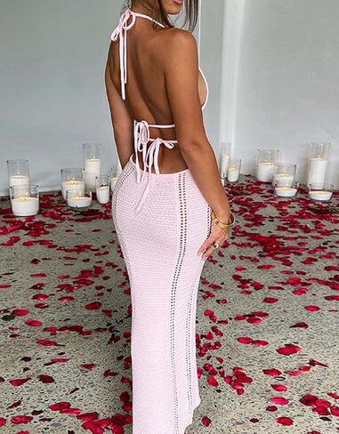 NUFIWI Women Backless Hollow Out Long Dress Sexy Knitted Maxi Dress Bodycon Spaghetti Strap Cocktail Party Midi Dress in Kuwait