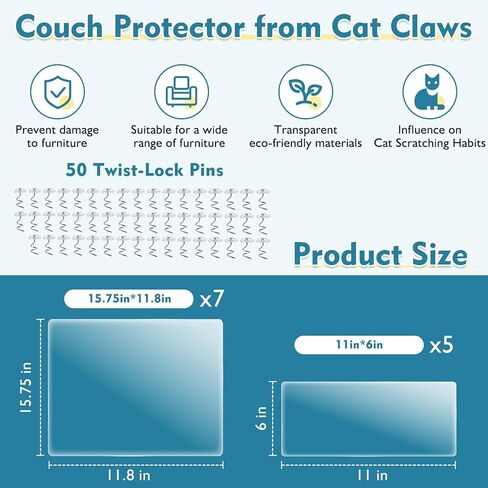 No Glue Marks Cat Scratch Furniture Protector, Couch Protector from Cat Claws, Eco-Friendly Furniture Protectors from Cats Scratching, Correcting Pet Scratching Habits(12-Pack+50 Pins) in Saudi Arabia
