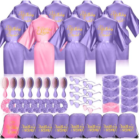 Coume 48 Pcs Women Birthday Party Robe Set Champagne Birthday Queen Squad Robe Sunglasses Scrunchie Headbands White Comb Bag for Spa Party in Saudi Arabia