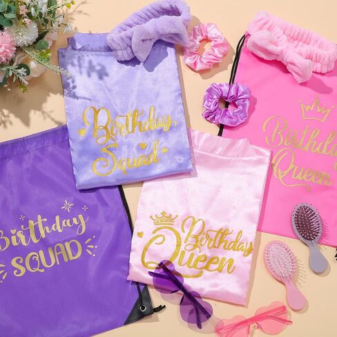 Coume 48 Pcs Women Birthday Party Robe Set Champagne Birthday Queen Squad Robe Sunglasses Scrunchie Headbands White Comb Bag for Spa Party in Saudi Arabia