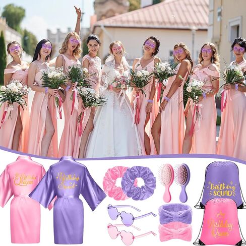 Coume 48 Pcs Women Birthday Party Robe Set Champagne Birthday Queen Squad Robe Sunglasses Scrunchie Headbands White Comb Bag for Spa Party in Saudi Arabia