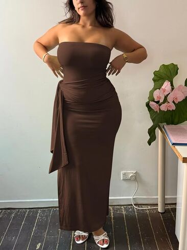 Women's Bodycon Long Dresses Strapless Tube Top Side Slit Maxi Dress in Saudi Arabia