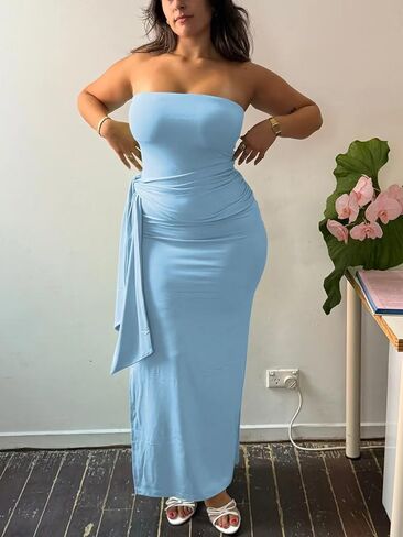 Women's Bodycon Long Dresses Strapless Tube Top Side Slit Maxi Dress in Kuwait
