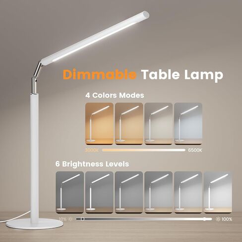 Metal Desk Lamp with USB Port - Foldable Modern Table Lamp with Timer, 4 Color & 6 Brightness Adjustable Desktop Reading Light, Dimmable Eye-Caring Task Lamp for Office Bedroom Study, Silver in Kuwait