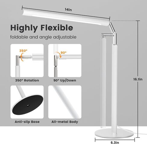 Metal Desk Lamp with USB Port - Foldable Modern Table Lamp with Timer, 4 Color & 6 Brightness Adjustable Desktop Reading Light, Dimmable Eye-Caring Task Lamp for Office Bedroom Study, Silver in Kuwait
