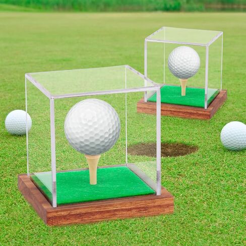 Hooqict Golf Ball Display Case Clear Acrylic Golf Ball Memorabilia Display Case with Wood Base and Grass Pad Ball Holder Stand Display Cube Single Golf Collection Box in Saudi Arabia