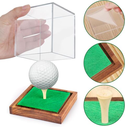 Hooqict Golf Ball Display Case Clear Acrylic Golf Ball Memorabilia Display Case with Wood Base and Grass Pad Ball Holder Stand Display Cube Single Golf Collection Box in Saudi Arabia