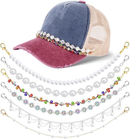 Wurosi 14 Pcs Trucker Hat Chains, Bulk Trucket Hat Charms Chains for Women Men, Bill Decoration DIY Metal/Turquoise/Pearl/Flower Chains Charms for Mesh Baseball Cap Trucker Hat in Kuwait