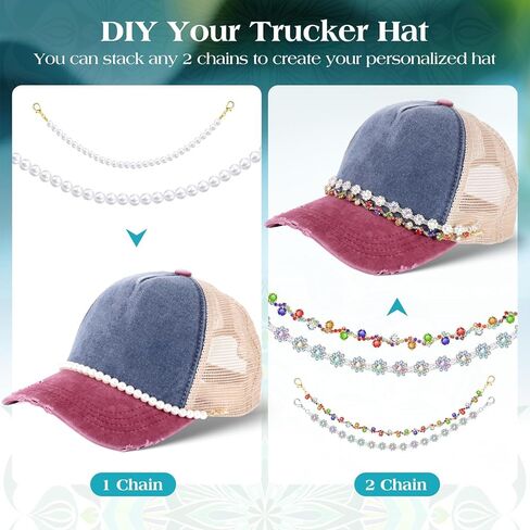 Wurosi 14 Pcs Trucker Hat Chains, Bulk Trucket Hat Charms Chains for Women Men, Bill Decoration DIY Metal/Turquoise/Pearl/Flower Chains Charms for Mesh Baseball Cap Trucker Hat in Kuwait
