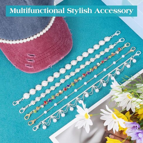 Wurosi 14 Pcs Trucker Hat Chains, Bulk Trucket Hat Charms Chains for Women Men, Bill Decoration DIY Metal/Turquoise/Pearl/Flower Chains Charms for Mesh Baseball Cap Trucker Hat in Kuwait