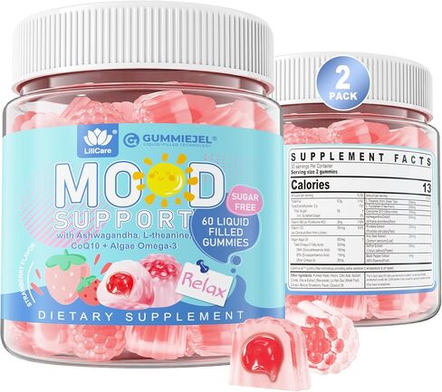 Sugar Free Ashwagandha Calm Gummies with L-Theanine, Vitamin D3, Vegan Omega 3, CoQ10 & Rhodiola Rosea for Women Men, Natural Relax Calming Mood Supplement, Strawberry Flavor, Vegan, 60 Filled Gummies in Kuwait