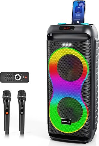 Karaoke Machine with 2 Wireless Microphones, Rolling Wheels, and Trolley – 8800mAh Portable Bluetooth Speaker, PA System with Lights, Adjustable Bass/Treble/Echo for Parties, Indoor and Outdoor Use in Kuwait