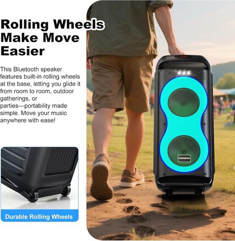 Karaoke Machine with 2 Wireless Microphones, Rolling Wheels, and Trolley – 8800mAh Portable Bluetooth Speaker, PA System with Lights, Adjustable Bass/Treble/Echo for Parties, Indoor and Outdoor Use in Kuwait