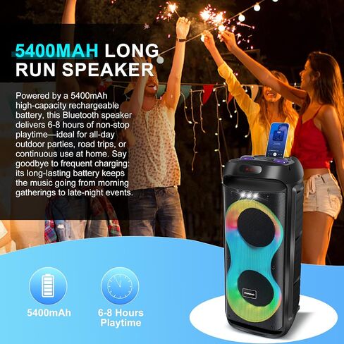 Karaoke Machine with 2 Wireless Microphones, Rolling Wheels, and Trolley – 8800mAh Portable Bluetooth Speaker, PA System with Lights, Adjustable Bass/Treble/Echo for Parties, Indoor and Outdoor Use in Kuwait