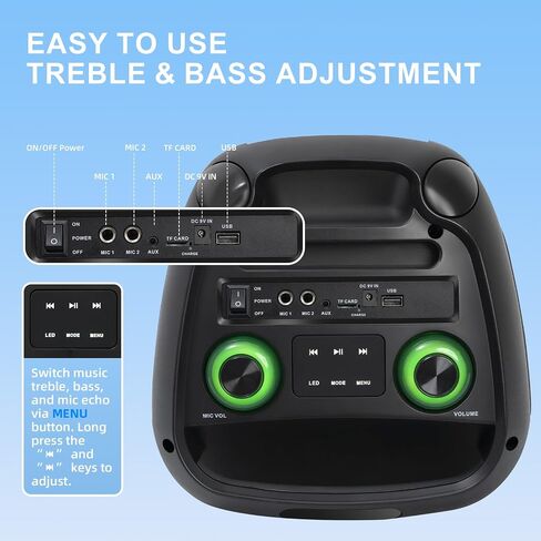 Karaoke Machine with 2 Wireless Microphones, Rolling Wheels, and Trolley – 8800mAh Portable Bluetooth Speaker, PA System with Lights, Adjustable Bass/Treble/Echo for Parties, Indoor and Outdoor Use in Kuwait